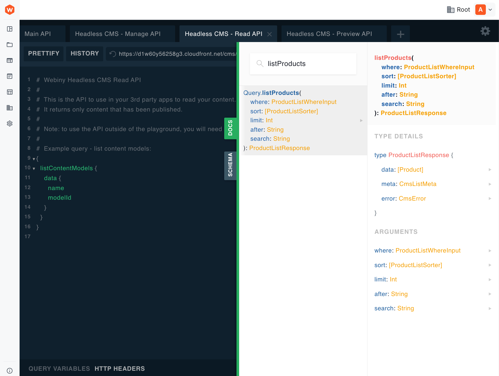Documentation Explorer showing a query with its type information and arguments